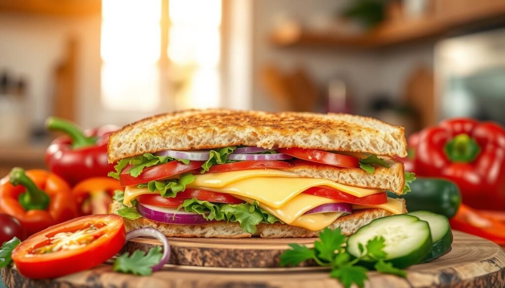 A colorful and fresh layout of a veggie cheese sandwich showcasing its ingredients. In the foreground, a perfectly toasted sandwich cut in half reveals layers of melted cheese, crisp lettuce, sliced tomatoes, red onions, and avocado. Surrounding the sandwich, there's a vibrant array of fresh vegetables like bell peppers and cucumbers, adding a splash of color. In the middle, a rustic wooden board to display the sandwich and ingredients harmoniously. The background features a soft-focus kitchen setting with warm, natural light streaming through a window, creating an inviting atmosphere perfect for food photography. The composition is artistic, emphasizing the freshness and healthiness of the sandwich, with a shallow depth of field to draw focus on the delicious ingredients. A colorful and fresh layout of a veggie cheese sandwich showcasing its ingredients. In the foreground, a perfectly toasted sandwich cut in half reveals layers of melted cheese, crisp lettuce, sliced tomatoes, red onions, and avocado. Surrounding the sandwich, there's a vibrant array of fresh vegetables like bell peppers and cucumbers, adding a splash of color. In the middle, a rustic wooden board to display the sandwich and ingredients harmoniously. The background features a soft-focus kitchen setting with warm, natural light streaming through a window, creating an inviting atmosphere perfect for food photography. The composition is artistic, emphasizing the freshness and healthiness of the sandwich, with a shallow depth of field to draw focus on the delicious ingredients.