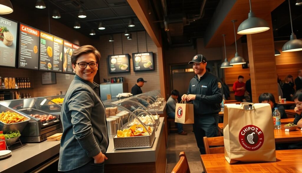 A cozy Chipotle restaurant interior showcasing a bustling pickup and delivery scene. In the foreground, a friendly customer in smart casual attire is placing an order at the counter, with a Chipotle team member preparing a catering order of burritos, chips, and salsa. The middle ground features a colorful display of fresh ingredients and menu boards highlighting catering options, while a delivery driver waits nearby with a branded Chipotle bag. In the background, warm lighting casts a welcoming ambiance, with customers enjoying their meals at wooden tables, creating a lively atmosphere. The image captures the excitement of catering orders with an emphasis on quality and freshness. Use a wide-angle lens to enhance depth and detail, reflecting the vibrancy of the brand and its community-oriented setting. A cozy Chipotle restaurant interior showcasing a bustling pickup and delivery scene. In the foreground, a friendly customer in smart casual attire is placing an order at the counter, with a Chipotle team member preparing a catering order of burritos, chips, and salsa. The middle ground features a colorful display of fresh ingredients and menu boards highlighting catering options, while a delivery driver waits nearby with a branded Chipotle bag. In the background, warm lighting casts a welcoming ambiance, with customers enjoying their meals at wooden tables, creating a lively atmosphere. The image captures the excitement of catering orders with an emphasis on quality and freshness. Use a wide-angle lens to enhance depth and detail, reflecting the vibrancy of the brand and its community-oriented setting.