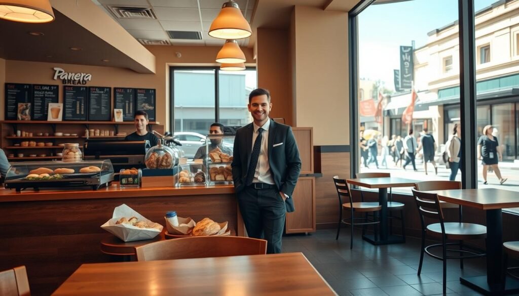 A cozy Panera Bread café interior, showcasing a clean and inviting atmosphere during lunchtime. In the foreground, a single wooden table with an assortment of menu items, including sandwiches, salads, and pastries, neatly arranged. The middle ground features a friendly barista in smart casual attire, serving a customer with a smile at the counter, which is adorned with fresh bakery goods and menu displays. The background reveals large windows allowing natural light to pour in, illuminating the warm color palette of the café. Soft overhead lighting enhances the welcoming mood. An outdoor view shows a bustling street with people walking, evoking a vibrant lunch hour. The scene encapsulates a community gathering spot, perfect for enjoying a meal.