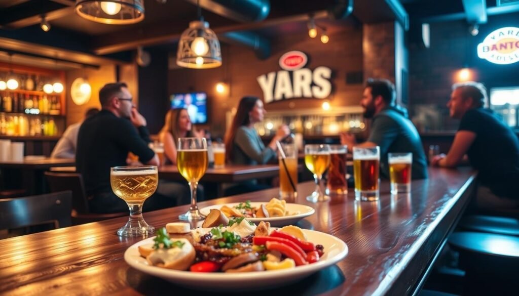 A cozy and inviting bar scene, with a wooden table in the foreground featuring a selection of appetizers and drinks. In the middle ground, a group of friends enjoying conversation and laughter, while the background showcases the warm, dimly lit ambiance of the Yard House restaurant. The lighting is soft and atmospheric, creating a convivial and relaxed mood. The camera angle is slightly elevated, giving a sense of immersion and highlighting the overall scene. A cozy and inviting bar scene, with a wooden table in the foreground featuring a selection of appetizers and drinks. In the middle ground, a group of friends enjoying conversation and laughter, while the background showcases the warm, dimly lit ambiance of the Yard House restaurant. The lighting is soft and atmospheric, creating a convivial and relaxed mood. The camera angle is slightly elevated, giving a sense of immersion and highlighting the overall scene.