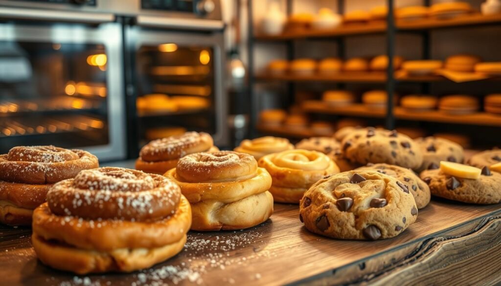 A cozy bakery scene featuring an array of warm, freshly baked treats. In the foreground, a rustic wooden table is adorned with cinnamon-sugar dusted pastries, including flaky cinnamon rolls, golden-brown apple dumplings, and rich chocolate chip cookies, all oozing warmth and indulgence. The middle ground displays a slightly open oven emitting a soft glow, casting a warm light across the treats, enhancing their delicious, mouthwatering appearance. In the background, a softly blurred bakery shelf lined with various sweet desserts, hinting at a homey, inviting atmosphere. The lighting should be soft and warm, reminiscent of a golden hour glow, creating a comforting mood that evokes nostalgia and sweetness. The angle should be slightly overhead, capturing a well-composed view of this tempting tableau, free from any text or distractions. A cozy bakery scene featuring an array of warm, freshly baked treats. In the foreground, a rustic wooden table is adorned with cinnamon-sugar dusted pastries, including flaky cinnamon rolls, golden-brown apple dumplings, and rich chocolate chip cookies, all oozing warmth and indulgence. The middle ground displays a slightly open oven emitting a soft glow, casting a warm light across the treats, enhancing their delicious, mouthwatering appearance. In the background, a softly blurred bakery shelf lined with various sweet desserts, hinting at a homey, inviting atmosphere. The lighting should be soft and warm, reminiscent of a golden hour glow, creating a comforting mood that evokes nostalgia and sweetness. The angle should be slightly overhead, capturing a well-composed view of this tempting tableau, free from any text or distractions.