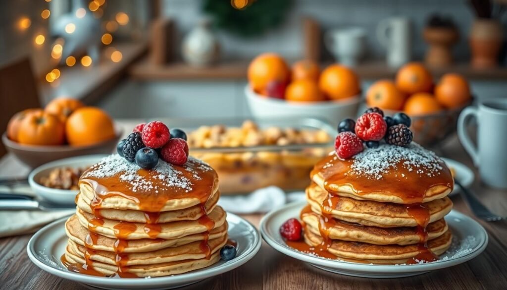 A cozy breakfast table set for a festive morning, featuring a spread of delicious holiday-themed dishes. In the foreground, display fluffy buttermilk pancakes stacked high, drizzled with rich maple syrup, and garnished with fresh berries and a dusting of powdered sugar. Place a golden-brown casserole dish filled with savory egg and sausage bake in the middle. Include a vibrant fruit bowl with seasonal fruits like oranges and pomegranates. In the background, subtly show a warm kitchen ambiance with softly glowing holiday lights. Use natural soft lighting to evoke a welcoming atmosphere, captured from a slightly elevated angle to showcase the delightful arrangement of the breakfast spread. Emphasize warmth and joy, inviting viewers to enjoy the comfort of festive mornings. A cozy breakfast table set for a festive morning, featuring a spread of delicious holiday-themed dishes. In the foreground, display fluffy buttermilk pancakes stacked high, drizzled with rich maple syrup, and garnished with fresh berries and a dusting of powdered sugar. Place a golden-brown casserole dish filled with savory egg and sausage bake in the middle. Include a vibrant fruit bowl with seasonal fruits like oranges and pomegranates. In the background, subtly show a warm kitchen ambiance with softly glowing holiday lights. Use natural soft lighting to evoke a welcoming atmosphere, captured from a slightly elevated angle to showcase the delightful arrangement of the breakfast spread. Emphasize warmth and joy, inviting viewers to enjoy the comfort of festive mornings.
