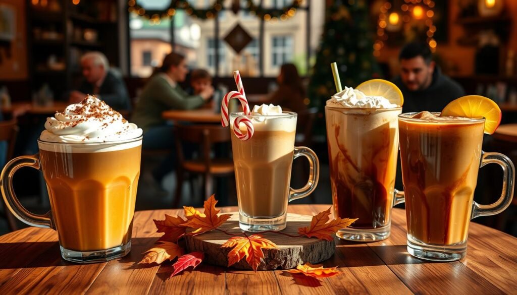 A cozy café scene showcasing an elegant assortment of seasonal specialty coffee drinks. In the foreground, three beautifully crafted beverages: a pumpkin spice latte with whipped cream and a sprinkle of cinnamon, a refreshing iced peppermint mocha with candy cane garnish, and a rich caramel apple cider topped with a slice of apple. In the middle, a rustic wooden table adorned with autumn leaves and sparkly holiday decorations, inviting warm light casts soft shadows for a welcoming glow. In the background, softly blurred café décor featuring warm hues, seasonal decorations, and patrons in modest casual clothing enjoying their drinks. The atmosphere is cheerful and inviting, reflecting the joy of specialty coffee throughout the year, captured in a warm, inviting natural light. A cozy café scene showcasing an elegant assortment of seasonal specialty coffee drinks. In the foreground, three beautifully crafted beverages: a pumpkin spice latte with whipped cream and a sprinkle of cinnamon, a refreshing iced peppermint mocha with candy cane garnish, and a rich caramel apple cider topped with a slice of apple. In the middle, a rustic wooden table adorned with autumn leaves and sparkly holiday decorations, inviting warm light casts soft shadows for a welcoming glow. In the background, softly blurred café décor featuring warm hues, seasonal decorations, and patrons in modest casual clothing enjoying their drinks. The atmosphere is cheerful and inviting, reflecting the joy of specialty coffee throughout the year, captured in a warm, inviting natural light.
