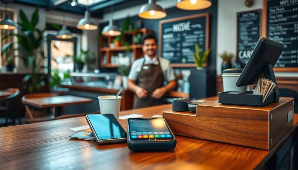 A cozy cafe setting in a Parma Heights coffee shop, focusing on an elegantly designed wooden counter showcasing various payment methods. In the foreground, display a variety of payment options, including credit cards, mobile payment applications on a smartphone, and cash in a neat cash register. In the middle ground, include a friendly barista in a neat apron, professionally engaged with customers, representing a warm and welcoming atmosphere. The background features the inviting cafe decor with lush plants, soft lighting from pendant lamps, and a chalkboard menu. Use a warm color palette with natural lighting to evoke a friendly and accessible vibe, creating an inviting mood for those considering their payment methods at this coffee shop.
