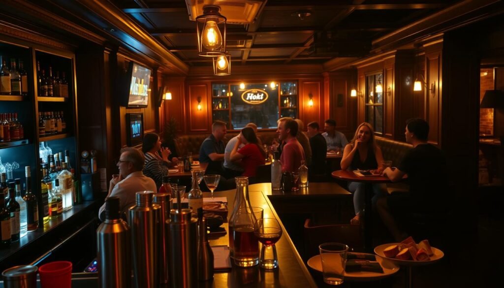 A cozy, dimly-lit bar scene at night, with patrons enjoying late-night happy hour drinks and appetizers. The foreground features a well-stocked bar with an array of liquor bottles, cocktail shakers, and glass tumblers. In the middle ground, groups of friends and colleagues sit at high-top tables, laughing and conversing over drinks. The background showcases a warm, inviting atmosphere with soft lighting, wooden accents, and maybe a few neon signs or mood lighting. The overall mood is relaxed, social, and conveys a sense of unwinding after a long workday. The lighting is low-key and atmospheric, creating a comfortable, intimate setting perfect for late-night happy hour. A cozy, dimly-lit bar scene at night, with patrons enjoying late-night happy hour drinks and appetizers. The foreground features a well-stocked bar with an array of liquor bottles, cocktail shakers, and glass tumblers. In the middle ground, groups of friends and colleagues sit at high-top tables, laughing and conversing over drinks. The background showcases a warm, inviting atmosphere with soft lighting, wooden accents, and maybe a few neon signs or mood lighting. The overall mood is relaxed, social, and conveys a sense of unwinding after a long workday. The lighting is low-key and atmospheric, creating a comfortable, intimate setting perfect for late-night happy hour.