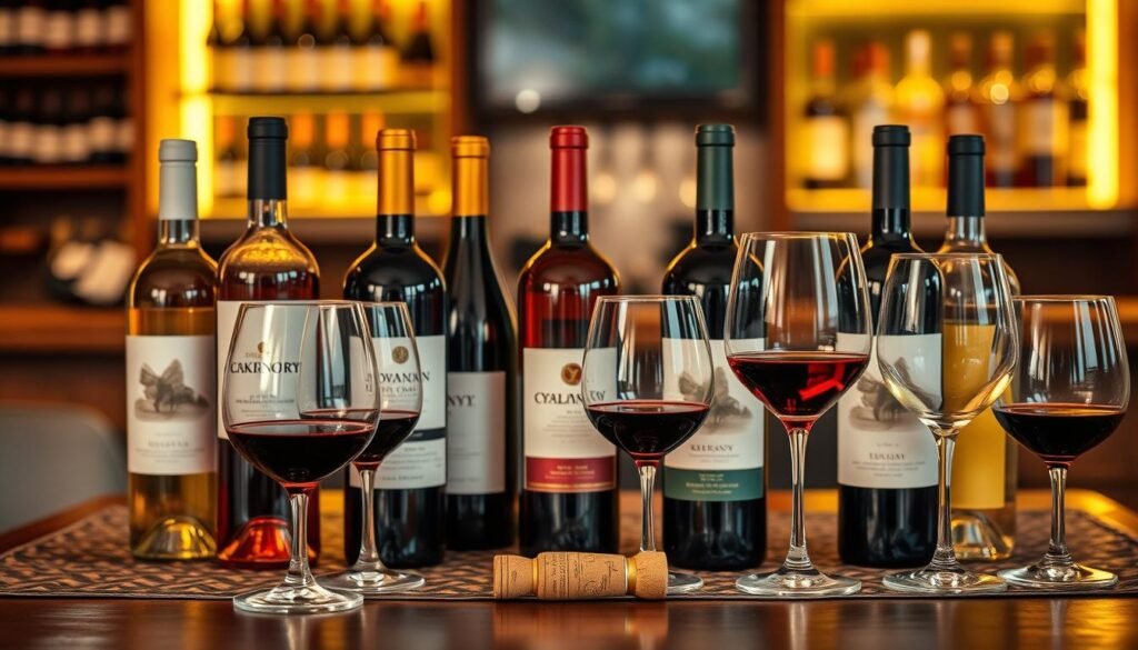 A cozy, inviting table set for wine tasting, featuring an elegant selection of red and white wines in beautifully designed glasses. In the foreground, an assortment of wine bottles with varied label designs, showcasing affordable casual options perfect for pairing with Buffalo Wild Wings. In the middle ground, a rich wooden table adorned with a patterned tablecloth and a rustic cork corkscrew. The background includes a softly lit bar environment with blurred shelves of additional wines and spirits, creating an intimate and welcoming atmosphere. Soft, warm lighting enhances the hues of the wine, inviting viewers to imagine the flavors. The composition conveys a relaxed mood, ideal for casual sipping, while ensuring simplicity and elegance without distractions.