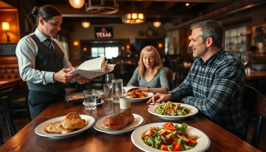 A cozy restaurant setting depicting a table at Texas Roadhouse, focusing on an inviting, gluten-free menu being presented. In the foreground, a friendly server, dressed in smart casual attire, is explaining the gluten-free options to a couple seated at the table, who are attentively listening and taking notes. The middle ground features a wooden table with a selection of gluten-free dishes, including grilled chicken, baked sweet potatoes, and fresh salad, beautifully plated. The background captures the rustic charm of the restaurant, with warm lighting and wooden décor that creates a welcoming atmosphere. The image should convey a sense of ease and confidence in ordering gluten-free, highlighting the importance of clear communication and delicious food. Use a wide-angle lens to create depth and include soft, natural lighting to enhance the warm ambiance.