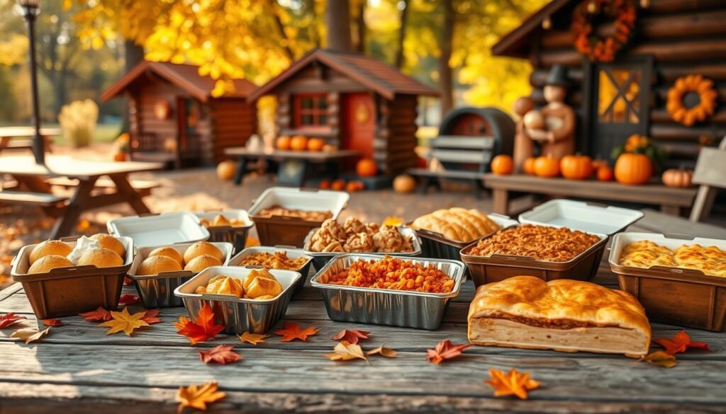 A cozy, rustic Cracker Barrel outdoor setup during the fall season, featuring a wooden picnic table adorned with seasonal dishes like pumpkin muffins, hearty casseroles, and apple pie. The foreground showcases a warm, inviting spread of takeout containers filled with comforting, festive food. In the middle ground, vibrant autumn leaves sprinkle the scene, complementing the rich colors of the food. The background includes charming wooden log cabins and pumpkin decorations, bathed in soft afternoon sunlight streaming through trees. A slightly blurred perspective brings focus to the food while creating a welcoming, nostalgic atmosphere that reflects the warmth of holiday gatherings. Ideal for capturing the essence of seasonal takeout delights. A cozy, rustic Cracker Barrel outdoor setup during the fall season, featuring a wooden picnic table adorned with seasonal dishes like pumpkin muffins, hearty casseroles, and apple pie. The foreground showcases a warm, inviting spread of takeout containers filled with comforting, festive food. In the middle ground, vibrant autumn leaves sprinkle the scene, complementing the rich colors of the food. The background includes charming wooden log cabins and pumpkin decorations, bathed in soft afternoon sunlight streaming through trees. A slightly blurred perspective brings focus to the food while creating a welcoming, nostalgic atmosphere that reflects the warmth of holiday gatherings. Ideal for capturing the essence of seasonal takeout delights.
