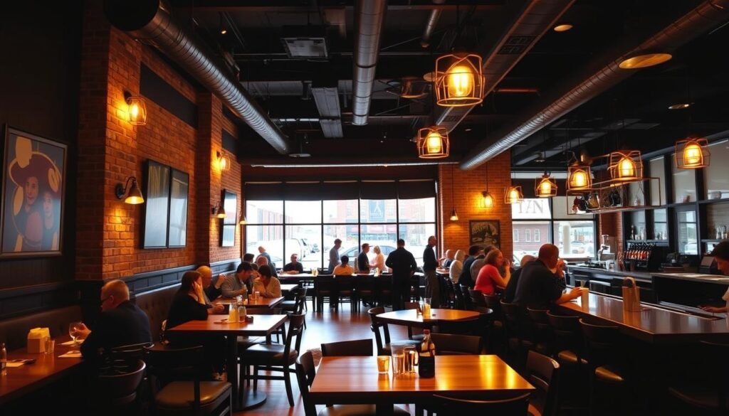 A cozy, well-lit interior of a Yard House restaurant in Troy, Michigan. The scene depicts the main dining area with wooden tables, comfortable chairs, and a long bar counter along the side. The lighting is warm and inviting, creating a relaxed atmosphere. The walls feature exposed brick and modern artwork, complementing the upscale, casual vibe. In the foreground, a group of patrons are enjoying craft beers and shared plates, while the middle ground showcases the open kitchen where chefs prepare fresh, made-to-order dishes. The background hints at the restaurant's opening hours, with a glimpse of the bustling downtown Troy setting beyond the large windows.