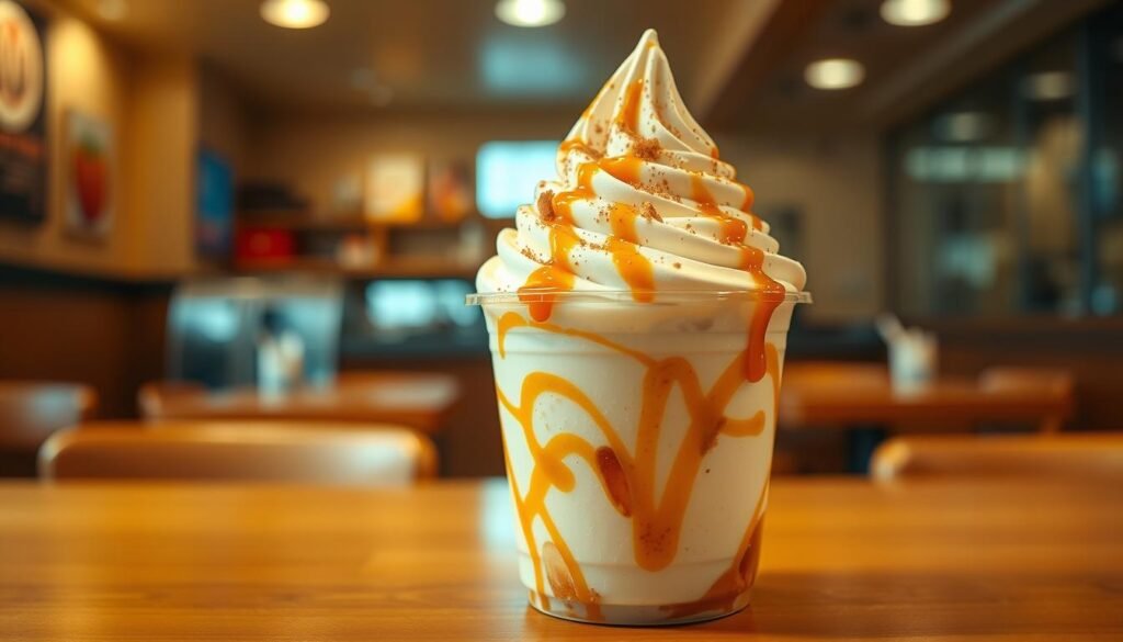 A decadent Apple Pie McFlurry placed prominently in the foreground, showcasing its creamy soft serve blended with apple pie filling and chunks, topped with a sprinkle of cinnamon and a drizzle of caramel sauce. The background features a cozy, inviting McDonald's restaurant interior with warm lighting, enhancing the feeling of comfort and indulgence. The scene is captured from a slightly elevated angle, emphasizing the texture and richness of the dessert. A gentle, soft focus on the background creates a dreamy atmosphere, highlighting the dessert as the focal point. The overall mood is warm and inviting, perfect for soft serve lovers seeking a hidden treat.
