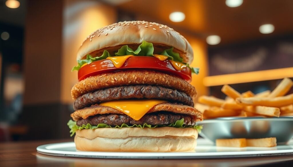 A delectable Big Mac, featuring three distinct protein layers: two juicy beef patties and crispy chicken strip, all nestled between soft, sesame seed buns. The burger is artfully stacked high, showcasing fresh lettuce, thick slices of tomato, and melted cheese, with a generous drizzle of special sauce glistening. In the foreground, the focus is sharp, highlighting the textures of the grilled meat and fresh vegetables. The middle ground features a glowing platter, adorned with crispy French fries, hinting at a fast food setting. The background features a softly blurred McDonald's restaurant interior, with warm, inviting lighting that casts a golden hue, creating a mouth-watering ambiance. Capture this scene from a slightly elevated angle to enhance the burger's layers and depth, evoking a sense of indulgence and excitement.