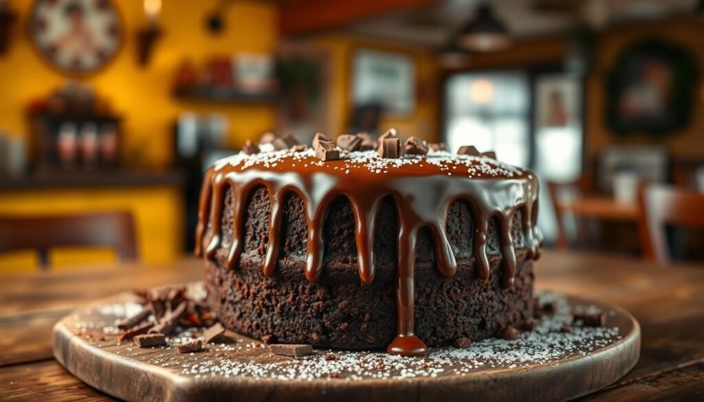 A delectable double chocolate fudge Coca-Cola® cake, elegantly presented on a rustic wooden table. The cake is layered with rich, dark chocolate fudge, and a glossy Coca-Cola® glaze drips down its sides, creating a luscious texture. Surrounding the cake are delicate chocolate shavings and a sprinkle of powdered sugar for a touch of sweetness. In the background, softly blurred, a cozy home-style café ambiance with warm lighting enhances the inviting atmosphere. The scene is captured with a shallow depth of field, focusing on the cake in the foreground, while the warm yellow and brown tones of the background create a welcoming mood perfect for showcasing one of Cracker Barrel's signature desserts. The lighting is soft and diffuse, highlighting the cake's glossy finish without harsh shadows. A delectable double chocolate fudge Coca-Cola® cake, elegantly presented on a rustic wooden table. The cake is layered with rich, dark chocolate fudge, and a glossy Coca-Cola® glaze drips down its sides, creating a luscious texture. Surrounding the cake are delicate chocolate shavings and a sprinkle of powdered sugar for a touch of sweetness. In the background, softly blurred, a cozy home-style café ambiance with warm lighting enhances the inviting atmosphere. The scene is captured with a shallow depth of field, focusing on the cake in the foreground, while the warm yellow and brown tones of the background create a welcoming mood perfect for showcasing one of Cracker Barrel's signature desserts. The lighting is soft and diffuse, highlighting the cake's glossy finish without harsh shadows.