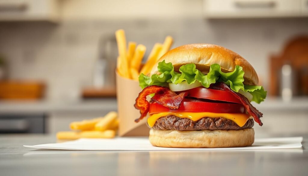 A delicious Jr. Bacon cheeseburger prominently displayed in the foreground, showcasing its freshly grilled beef patty, crispy bacon, crisp lettuce, ripe tomato slices, and melted cheese all nestled in a soft, toasted bun. The burger should be glistening with freshness, emphasizing an inviting, appetizing sheen. In the middle ground, add a side of crispy fries in a paper sleeve, contrasting with a light, bright kitchen backdrop. The lighting should be soft and diffused, enhancing the colors of the ingredients, with a slight warm hue to evoke comfort and satisfaction. Capture the scene from a slightly elevated angle to provide depth, creating a mouthwatering atmosphere that highlights the Jr. Bacon and its pairing options for a lighter meal.