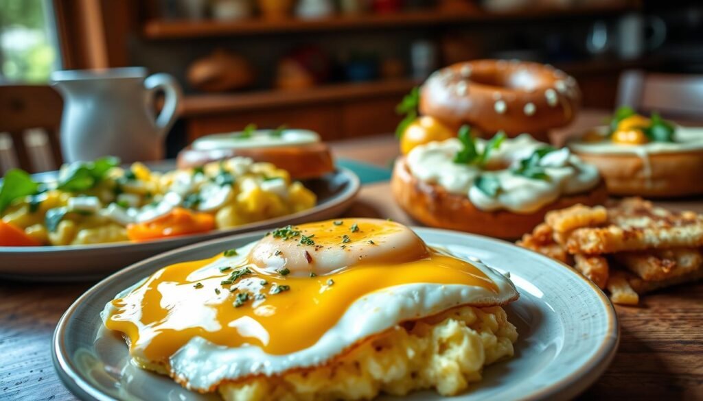 A delicious arrangement of breakfast items featuring perfectly cooked eggs and a variety of cheese toppings, showcasing fresh ingredients typical of a made-to-order meal. In the foreground, a plate with a golden, runny sunny-side-up egg topped with melted cheddar and sprinkled with fresh herbs. Soft scrambled eggs with creamy feta cheese adorn the plate as well. The middle section captures a beautifully toasted bagel topped with a rich, creamy spread and more cheese options like Swiss and pepper jack, all garnished with arugula for a fresh touch. The background features a cozy, warm kitchen setting with natural light streaming in, highlighting a rustic wooden table. The atmosphere is inviting and homey, evoking a sense of comfort and warmth. A delicious arrangement of breakfast items featuring perfectly cooked eggs and a variety of cheese toppings, showcasing fresh ingredients typical of a made-to-order meal. In the foreground, a plate with a golden, runny sunny-side-up egg topped with melted cheddar and sprinkled with fresh herbs. Soft scrambled eggs with creamy feta cheese adorn the plate as well. The middle section captures a beautifully toasted bagel topped with a rich, creamy spread and more cheese options like Swiss and pepper jack, all garnished with arugula for a fresh touch. The background features a cozy, warm kitchen setting with natural light streaming in, highlighting a rustic wooden table. The atmosphere is inviting and homey, evoking a sense of comfort and warmth.