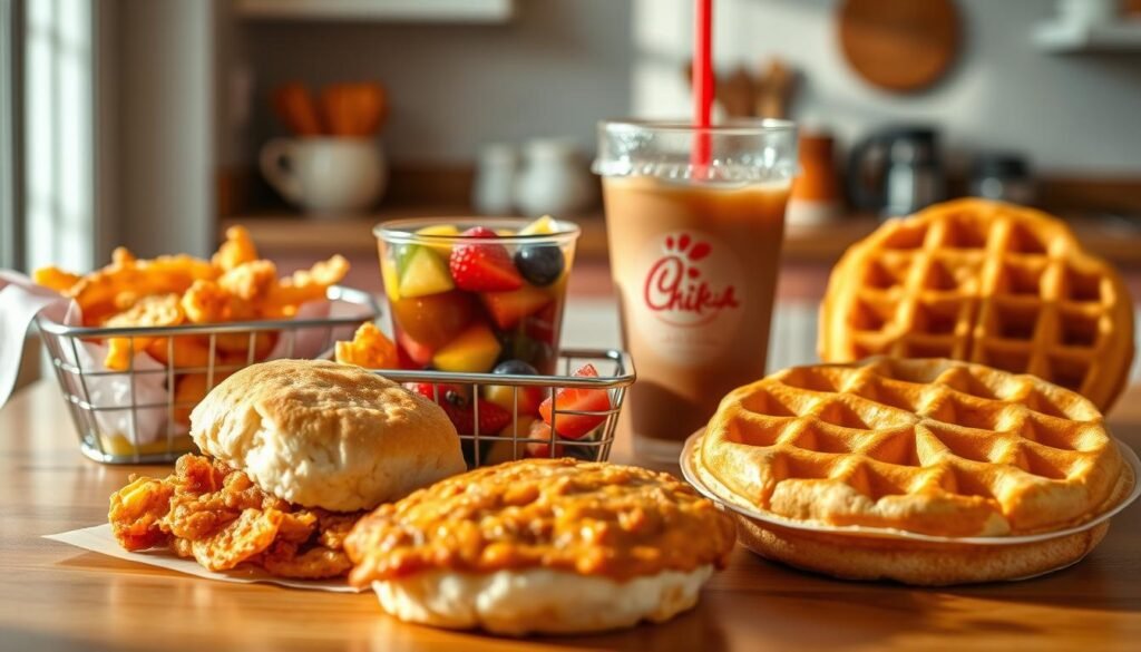 A delicious array of Chick Fil A breakfast meals and combos displayed on a wooden table. In the foreground, feature a fluffy chicken biscuit, crispy hash browns in a basket, and a refreshing iced coffee with condensation on the glass. The middle section should include a colorful fruit cup and a warm buttered waffle, arranged artfully to highlight the chain's breakfast offerings. In the background, a softly lit kitchen setting with subtle pastel hues, enhancing the inviting atmosphere of a cozy breakfast nook. Use natural light to create warm shadows, and a shallow depth of field to emphasize the food while softly blurring the background. The mood should feel welcoming and appetizing, showcasing the variety and quality of the breakfast menu. A delicious array of Chick Fil A breakfast meals and combos displayed on a wooden table. In the foreground, feature a fluffy chicken biscuit, crispy hash browns in a basket, and a refreshing iced coffee with condensation on the glass. The middle section should include a colorful fruit cup and a warm buttered waffle, arranged artfully to highlight the chain's breakfast offerings. In the background, a softly lit kitchen setting with subtle pastel hues, enhancing the inviting atmosphere of a cozy breakfast nook. Use natural light to create warm shadows, and a shallow depth of field to emphasize the food while softly blurring the background. The mood should feel welcoming and appetizing, showcasing the variety and quality of the breakfast menu.