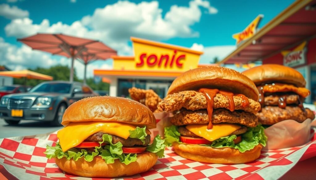 A delicious, mouth-watering arrangement of classic hamburgers served on vibrant checkered paper. In the foreground, showcase a golden-brown cheeseburger stacked with fresh lettuce, ripe tomato, a perfectly cooked patty, and melted cheese. Next to it, feature a crispy chicken sandwich and a classic double burger, both drizzled with special sauces. In the middle ground, set a backdrop of a bustling Sonic drive-in restaurant with cars parked under retro-style canopies, adding a nostalgic touch. In the background, include bright blue skies with fluffy clouds and a hint of the Sonic logo. Use warm, sunny lighting to create an inviting atmosphere, and employ a slightly angled perspective to enhance depth and focus on the burgers, creating an appetizing appeal that highlights the essence of fast-food comfort.