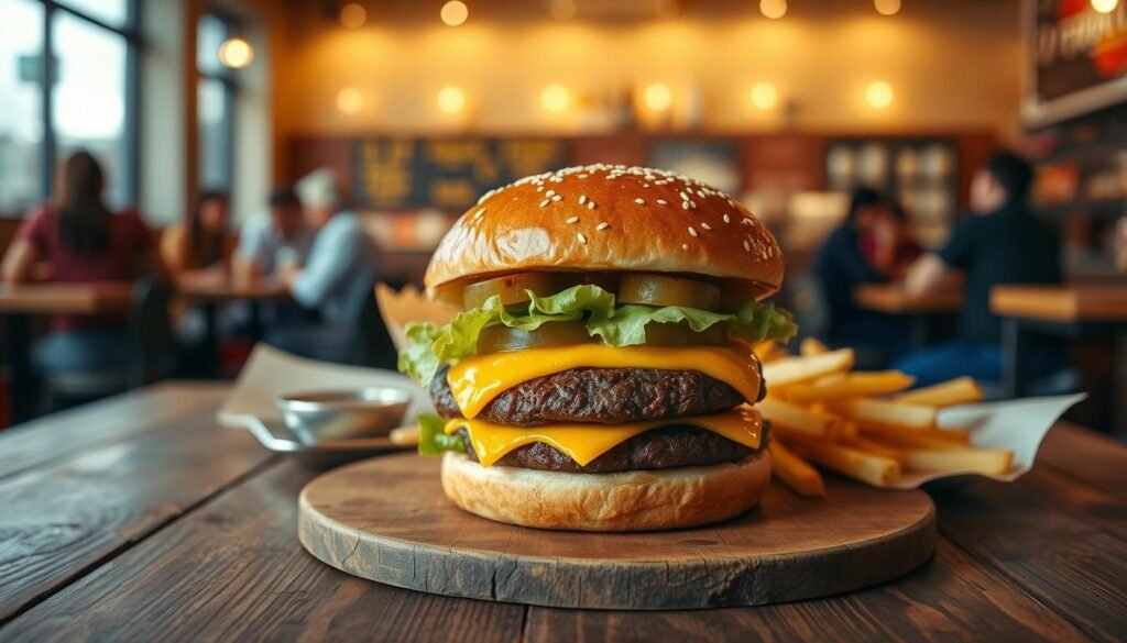 A deliciously presented Quarter Pounder with Cheese on a rustic wooden table, showcasing its mouthwatering layers of juicy beef patty, melted cheese, fresh lettuce, pickles, and a sesame seed bun. In the foreground, the burger is the star, glistening in the warm, inviting light that highlights the textures and colors. In the middle ground, a side of golden French fries is casually arranged on a parchment-lined tray, with a small dipping sauce on the side. The background features a blurred McDonald's restaurant interior, providing a light, vibrant atmosphere filled with customers enjoying their meals. Use a warm color palette to enhance the cozy feel, and ensure the depth of field is shallow to keep the focus on the burger and fries.