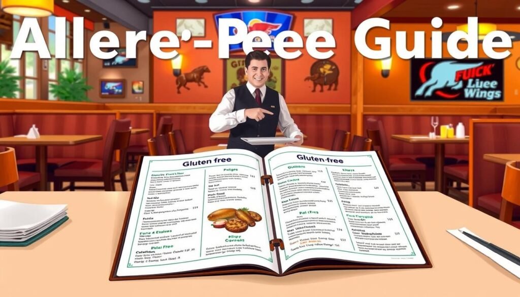 A detailed allergen guide illustration focused on gluten-free dining at Buffalo Wild Wings. In the foreground, a neatly presented table with a gluten-free menu opened, showcasing various items with clear labels for allergens. The middle ground features a stylized image of a waiter in a professional attire, standing beside the table, pointing to the gluten-free options in a friendly manner. In the background, a warm and inviting restaurant ambiance with soft lighting, wooden accents, and colorful décor. The atmosphere is lively yet comfortable, suggesting a welcoming dining experience. The overall composition is balanced, with a focus on educating diners about gluten-free choices, conveying clarity and reassurance without any text or distractions.
