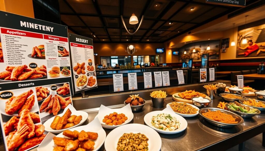 A detailed, visually appealing buffet-style menu directory for Buffalo Wild Wings, organized by category. The foreground features various categories such as appetizers, wings, burgers, and desserts, each depicted with vibrant images of signature dishes. In the middle ground, a neatly arranged table showcases plates filled with selected menu items, emphasizing the diverse flavors and presentation of the food. The background includes a welcoming restaurant interior with warm, ambient lighting, highlighting the fun, energetic atmosphere of a Buffalo Wild Wings location. The angle captures the scene from a slight overhead perspective, inviting viewers into the dining experience. The overall mood is lively and appetizing, conveying a sense of indulgence and community without any text or branding elements. A detailed, visually appealing buffet-style menu directory for Buffalo Wild Wings, organized by category. The foreground features various categories such as appetizers, wings, burgers, and desserts, each depicted with vibrant images of signature dishes. In the middle ground, a neatly arranged table showcases plates filled with selected menu items, emphasizing the diverse flavors and presentation of the food. The background includes a welcoming restaurant interior with warm, ambient lighting, highlighting the fun, energetic atmosphere of a Buffalo Wild Wings location. The angle captures the scene from a slight overhead perspective, inviting viewers into the dining experience. The overall mood is lively and appetizing, conveying a sense of indulgence and community without any text or branding elements.