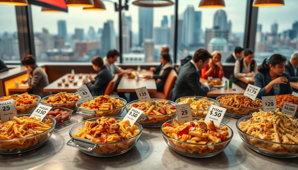 A detailed, visually engaging collage illustrating the concept of "Prices Vary by Location" specifically for Pizza Hut's pasta menu in 2026. In the foreground, display a variety of Pizza Hut pasta dishes artfully arranged on a table, each tagged with varying price labels reflecting different locations. The middle ground features a bustling urban Pizza Hut restaurant with diverse patrons enjoying their meals, dressed in professional attire reminiscent of a business lunch crowd. In the background, a cityscape shows different neighborhoods, indicating economic diversity. The lighting should be warm and inviting, suggesting a cozy dining atmosphere. Capture the scene with a slight tilt-shift effect for a dynamic perspective, emphasizing the variety in pricing while maintaining a harmonious layout. The overall mood should be informative yet inviting, catering to a modern audience. A detailed, visually engaging collage illustrating the concept of "Prices Vary by Location" specifically for Pizza Hut's pasta menu in 2026. In the foreground, display a variety of Pizza Hut pasta dishes artfully arranged on a table, each tagged with varying price labels reflecting different locations. The middle ground features a bustling urban Pizza Hut restaurant with diverse patrons enjoying their meals, dressed in professional attire reminiscent of a business lunch crowd. In the background, a cityscape shows different neighborhoods, indicating economic diversity. The lighting should be warm and inviting, suggesting a cozy dining atmosphere. Capture the scene with a slight tilt-shift effect for a dynamic perspective, emphasizing the variety in pricing while maintaining a harmonious layout. The overall mood should be informative yet inviting, catering to a modern audience.