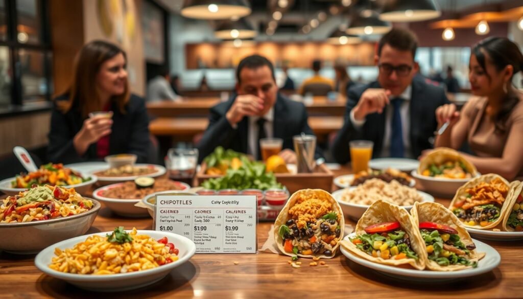 A detailed, visually striking guide to the Chipotle menu, featuring an organized layout of colorful menu items arranged artfully on a wooden table. In the foreground, showcase appetizing bowls, burritos, and tacos filled with vibrant ingredients like fresh guacamole, corn salsa, seasoned rice, and black beans. The middle ground highlights nutritional information cards displaying prices and calorie counts for each item, designed with a sleek, modern aesthetic. The background features a faintly blurred Chipotle restaurant interior, adding depth to the scene. Soft, warm lighting illuminates the food, creating an inviting atmosphere. Capture the mood of a lively dining experience as individuals in smart casual attire enjoy their meals, emphasizing inclusivity and community. The image should evoke a sense of delicious options and dietary flexibility, without any text or captions. A detailed, visually striking guide to the Chipotle menu, featuring an organized layout of colorful menu items arranged artfully on a wooden table. In the foreground, showcase appetizing bowls, burritos, and tacos filled with vibrant ingredients like fresh guacamole, corn salsa, seasoned rice, and black beans. The middle ground highlights nutritional information cards displaying prices and calorie counts for each item, designed with a sleek, modern aesthetic. The background features a faintly blurred Chipotle restaurant interior, adding depth to the scene. Soft, warm lighting illuminates the food, creating an inviting atmosphere. Capture the mood of a lively dining experience as individuals in smart casual attire enjoy their meals, emphasizing inclusivity and community. The image should evoke a sense of delicious options and dietary flexibility, without any text or captions.