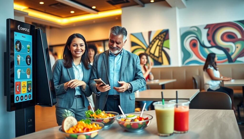 A diverse group of people in a modern, bright restaurant setting, engaged in ordering meals from a digital menu on a sleek touchscreen kiosk. In the foreground, a cheerful young woman in smart casual attire is selecting her meal, while a middle-aged man in business attire stands beside her, reviewing the options on his smartphone. The middle ground shows a table with vibrant, freshly prepared Chipotle bowls and drinks awaiting pickup, accentuating the variety of meal options. The background features a clean, inviting ambiance with Chipotle branding and colorful wall art that reflects the restaurant's theme. Soft, warm lighting creates a welcoming atmosphere, capturing the essence of ordering meals for pickup, delivery, and group gatherings. A diverse group of people in a modern, bright restaurant setting, engaged in ordering meals from a digital menu on a sleek touchscreen kiosk. In the foreground, a cheerful young woman in smart casual attire is selecting her meal, while a middle-aged man in business attire stands beside her, reviewing the options on his smartphone. The middle ground shows a table with vibrant, freshly prepared Chipotle bowls and drinks awaiting pickup, accentuating the variety of meal options. The background features a clean, inviting ambiance with Chipotle branding and colorful wall art that reflects the restaurant's theme. Soft, warm lighting creates a welcoming atmosphere, capturing the essence of ordering meals for pickup, delivery, and group gatherings.