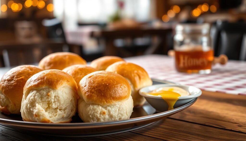 A elegantly arranged plate of freshly-baked rolls, steaming and golden-brown with a flaky crust, sits prominently in the foreground. Each roll has a distinct texture, showcasing soft, fluffy interiors. Beside the rolls, a small dish filled with rich honey cinnamon butter glistens invitingly, with a drizzle of honey pooling at the edge. In the middle ground, a rustic wooden table enhances the homey feel, with a soft checkered tablecloth subtly visible. The background features a cozy dining setting with warm, ambient lighting, giving a welcoming atmosphere typical of a comfort food experience. Shot at a close angle with a shallow depth of field, highlighting the details of the rolls and butter, evoking a sense of warmth and indulgence.