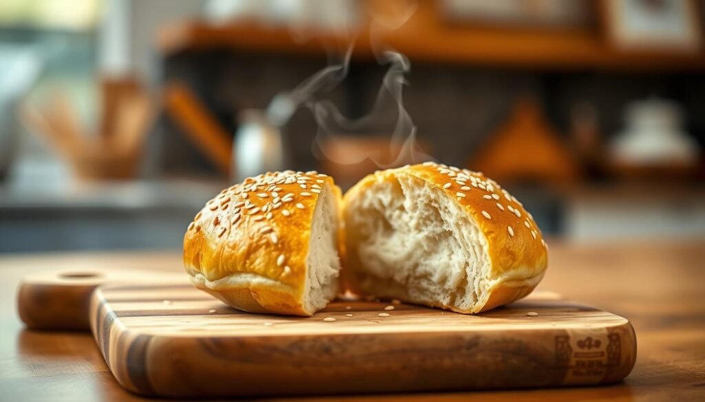 A freshly toasted sesame seed bun, golden and crispy, sits prominently in the foreground. The bun is cut in half, revealing its soft, fluffy interior and warm steam rising from it. In the middle ground, a classic wooden cutting board accents the bun, with a few scattered sesame seeds artistically placed around it, adding texture. The background features a blurred kitchen setting, softly lit with warm, inviting light that enhances the cozy atmosphere. A shallow depth of field focuses on the bun, creating an intimate feel for the image. The overall mood conveys comfort and freshness, ideal for illustrating the delicious allure of a burger bun without distractions from text or other elements.