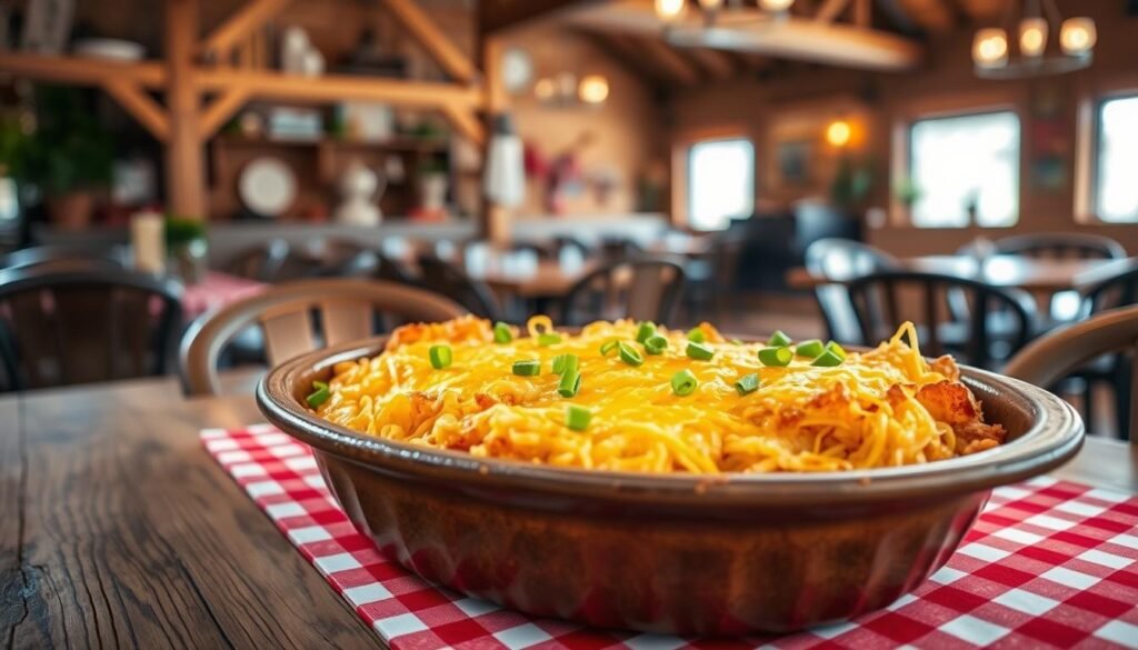 A golden hashbrown casserole, bubbling and crispy, sits in a rustic oval baking dish. The foreground features the casserole topped with melted cheese, sprinkled with green onions for a pop of color. The middle ground includes a wooden dining table, adorned with a cozy red-and-white checkered tablecloth, providing a homely touch. Soft, natural lighting creates a warm ambiance, highlighting the textures of the hashbrowns and cheese. In the background, a blurred restaurant setting reflects a country-style decor with wooden beams and vintage farm-inspired accents. The atmosphere is inviting and comforting, perfect for a casual dining experience. Capture the essence of Southern comfort food in this aesthetically pleasing scene, ensuring no text or branding appears in the image. A golden hashbrown casserole, bubbling and crispy, sits in a rustic oval baking dish. The foreground features the casserole topped with melted cheese, sprinkled with green onions for a pop of color. The middle ground includes a wooden dining table, adorned with a cozy red-and-white checkered tablecloth, providing a homely touch. Soft, natural lighting creates a warm ambiance, highlighting the textures of the hashbrowns and cheese. In the background, a blurred restaurant setting reflects a country-style decor with wooden beams and vintage farm-inspired accents. The atmosphere is inviting and comforting, perfect for a casual dining experience. Capture the essence of Southern comfort food in this aesthetically pleasing scene, ensuring no text or branding appears in the image.