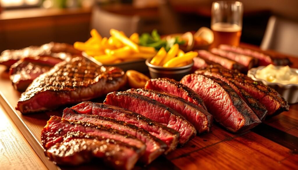 A lavish spread of succulent Yard House steaks, seared to perfection, resting on a wooden table. The juicy cuts of beef are highlighted by the warm, golden lighting, casting a mouthwatering glow. In the foreground, a selection of premium cuts, including a thick ribeye, a tender filet mignon, and a flavorful strip steak, are arranged with care. The middle ground features a variety of delectable side dishes, such as crisp, golden-brown fries and a creamy, garlic-infused mashed potato. The background is softly blurred, hinting at the upscale, inviting ambiance of the Yard House restaurant. The overall scene exudes an air of indulgence and satisfaction, perfectly capturing the essence of the "Steaks, seafood, and house favorites for hearty appetites" section of the Yard House menu. A lavish spread of succulent Yard House steaks, seared to perfection, resting on a wooden table. The juicy cuts of beef are highlighted by the warm, golden lighting, casting a mouthwatering glow. In the foreground, a selection of premium cuts, including a thick ribeye, a tender filet mignon, and a flavorful strip steak, are arranged with care. The middle ground features a variety of delectable side dishes, such as crisp, golden-brown fries and a creamy, garlic-infused mashed potato. The background is softly blurred, hinting at the upscale, inviting ambiance of the Yard House restaurant. The overall scene exudes an air of indulgence and satisfaction, perfectly capturing the essence of the "Steaks, seafood, and house favorites for hearty appetites" section of the Yard House menu.