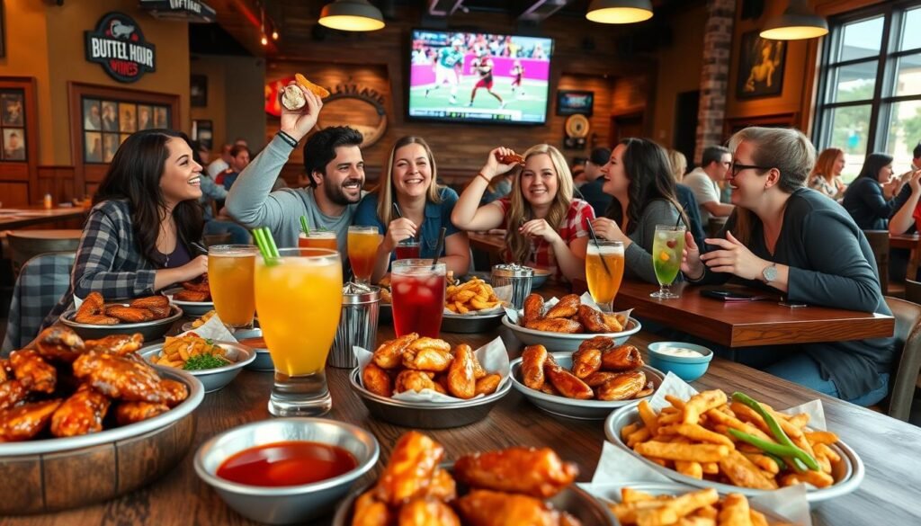 A lively Buffalo Wild Wings restaurant scene during happy hour, featuring tables filled with mouth-watering plates of wings, nachos, and drinks. Foreground: a colorful array of appetizing food and drinks on a rustic wooden table, with bowls of tangy sauces and vibrant cocktail drinks. Middle: a diverse group of friends in casual attire, laughing and enjoying their time together, with one person reaching for a wing. Background: a warm, inviting restaurant atmosphere with rustic decor, sports memorabilia, and a large TV screen displaying a popular game. Lighting is warm and inviting, capturing the essence of a fun happy hour. The image should convey a sense of community, excitement, and enjoyment.