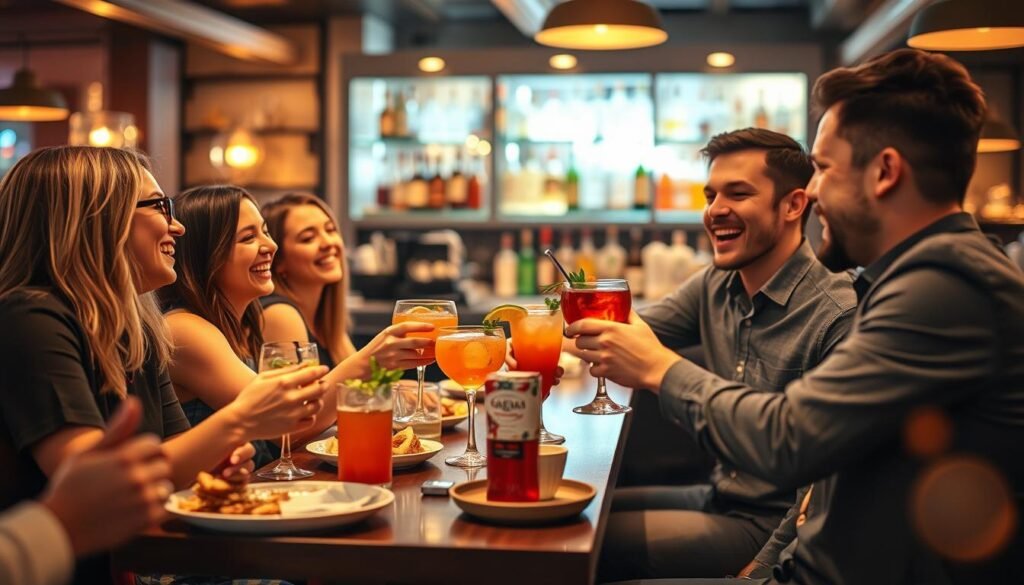 A lively restaurant scene during happy hour, capturing the essence of joy and camaraderie. In the foreground, a group of four friends, dressed in smart casual attire, are laughing and toasting with colorful cocktails at a cozy table adorned with snacks and appetizers. The middle ground showcases a bartender expertly preparing drinks, with vibrant bottles of spirits and fresh garnishes on display. In the background, warm ambient lighting illuminates the space, enhancing the inviting atmosphere of the bar. Soft bokeh effects create depth, while subtle reflections on the glasses add a touch of realism. The overall mood is cheerful and relaxed, inviting viewers to experience a moment of affordable indulgence and savings. A lively restaurant scene during happy hour, capturing the essence of joy and camaraderie. In the foreground, a group of four friends, dressed in smart casual attire, are laughing and toasting with colorful cocktails at a cozy table adorned with snacks and appetizers. The middle ground showcases a bartender expertly preparing drinks, with vibrant bottles of spirits and fresh garnishes on display. In the background, warm ambient lighting illuminates the space, enhancing the inviting atmosphere of the bar. Soft bokeh effects create depth, while subtle reflections on the glasses add a touch of realism. The overall mood is cheerful and relaxed, inviting viewers to experience a moment of affordable indulgence and savings.