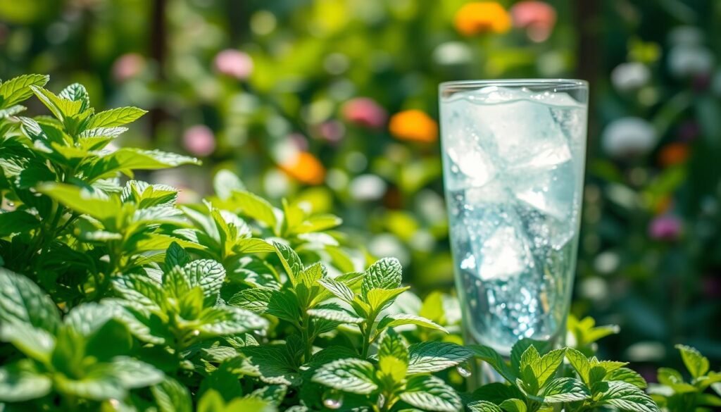 A lush peppermint plant, its vibrant green leaves glistening with morning dew, fills the foreground, enhancing the minty freshness. Delicate, white flowers peek through the foliage, adding a touch of elegance. In the middle ground, a crystal-clear glass of ice-cold peppermint-infused drink shimmers under soft, diffused sunlight, inviting the viewer to enjoy a refreshing sip. The background features a blurred garden scene, with hints of other herbs and flowers basking in the sun, creating a serene and rejuvenating atmosphere. The overall mood is tranquil and revitalizing, emphasizing the coolness of mint. Use a soft focus lens effect for a dreamy look, capturing the essence of a refreshing summer day.