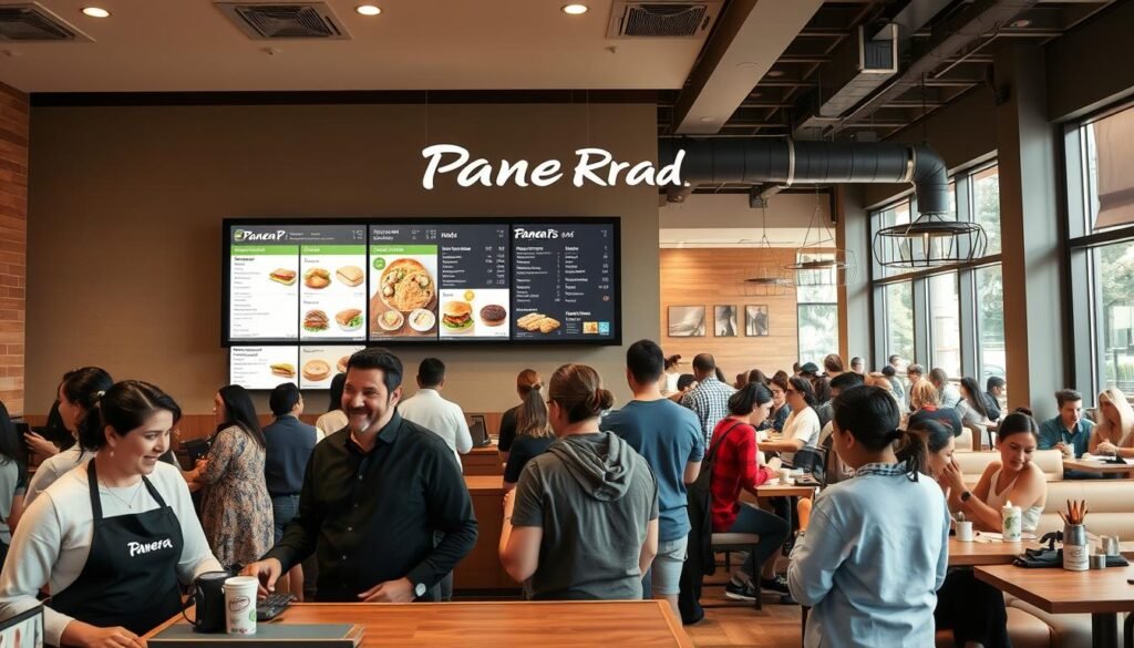 A modern Panera Bread restaurant interior, showcasing a bustling ordering station. In the foreground, a friendly cashier wearing a black apron assists a diverse group of customers, all in casual outfits. The middle view features a large digital menu board displaying various food items like sandwiches, salads, and pastries, with bright images and clear pricing. The background reveals a warm, inviting atmosphere with wooden tables, comfy seating, and customers enjoying their meals. Soft, natural lighting filters through large windows, creating an inviting ambiance. The scene conveys convenience and satisfaction, emphasizing the ordering experience in a contemporary dining environment.