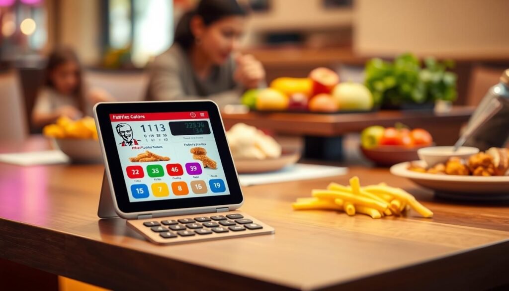 A modern and visually appealing calories calculator on a sleek wooden table, showcasing nutritional information specifically related to children’s meals. In the foreground, the calculator has a vibrant display, indicating calorie counts alongside colorful icons of popular KFC Kids Menu items like chicken tenders, mashed potatoes, and fruit sides. The middle ground features fresh ingredients like vegetables and fruits, emphasizing healthy choices. The background presents a softly blurred family dining setting with warm lighting, evoking a cozy and inviting atmosphere. The scene is shot from a slightly elevated angle, capturing the details of the calculator while keeping a warm, inviting mood that reflects family dining times.