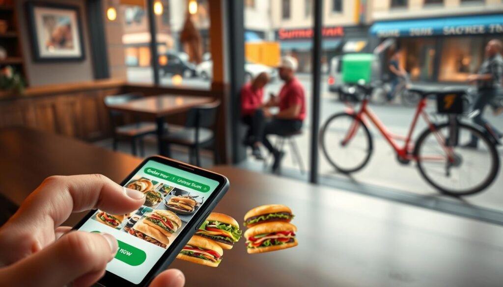 A modern mobile device displaying a user-friendly ordering app interface for Subway sandwiches, focused on vibrant images of delicious subs. In the foreground, a hand is tapping the "Order Now" button, showcasing a diverse selection of sandwiches with fresh ingredients, colorful vegetables, and appetizing toppings. The middle layer features a cozy café setting with a table and chairs, where a customer eagerly awaits their delivery. In the background, a large window reveals a bustling city street with a delivery bicycle parked outside, hinting at quick and efficient service. The lighting is warm and inviting, creating a casual yet vibrant atmosphere, shot from an elevated angle to capture the app screen clearly and the lively environment beyond.