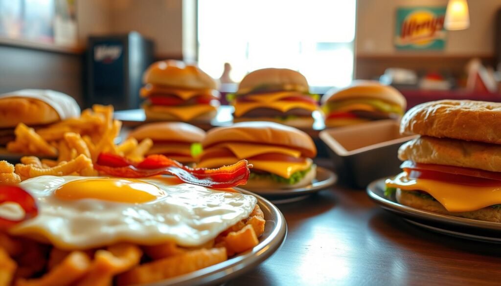 A mouth-watering breakfast value menu spread, showcasing a variety of Wendy's breakfast items. In the foreground, display a large, colorful breakfast platter featuring a fluffy scrambled egg, crispy bacon strips, golden hash browns, and a toasted biscuit. The middle ground includes a neatly arranged selection of signature breakfast sandwiches, each visually distinctive, emphasizing fresh ingredients. The background features a bright and inviting café setting, with soft, natural light filtering through a window, highlighting the inviting atmosphere. Use a close-up angle to focus on the food while subtly capturing the ambiance of a bustling breakfast rush. The mood is cheerful and wholesome, ideal for conveying the essence of everyday savings and delicious morning options.