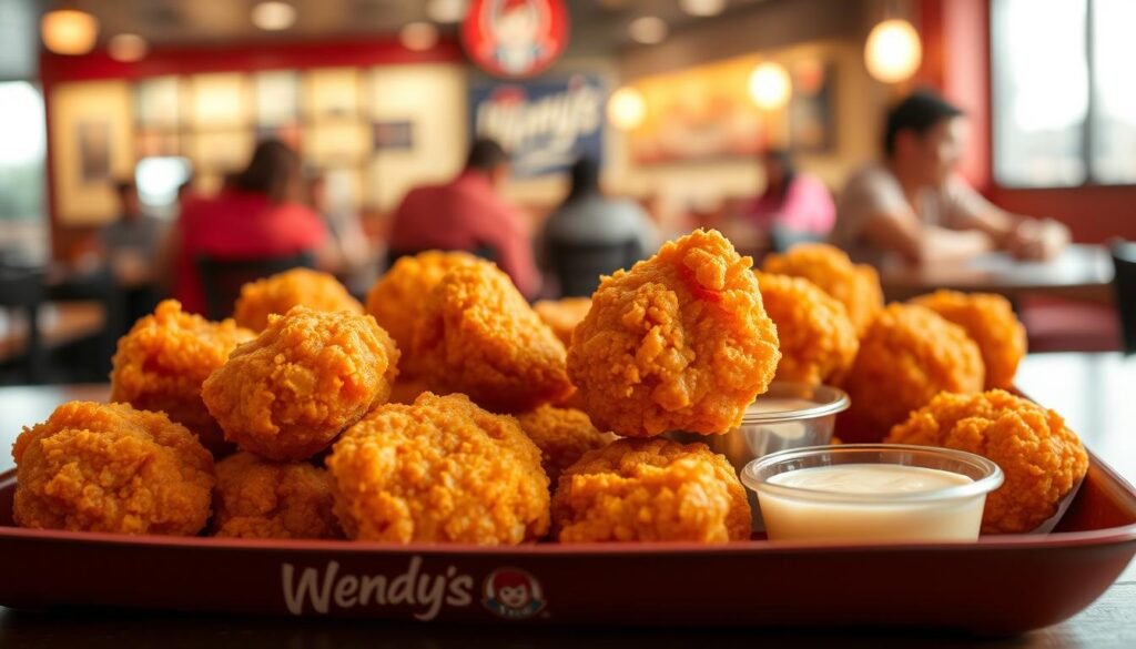 A mouth-watering display of Wendy's Biggie Bites, featuring multiple golden, crispy chicken bites served in a casual diner setting. In the foreground, a close-up shot showcases the bites, perfectly fried to a rich golden-brown, with a hint of steam rising, emphasizing their freshness. The middle ground includes a classic Wendy's branded tray, showcasing a side of dipping sauce, like tangy barbecue or creamy ranch. The background hints at a cozy restaurant ambiance, with soft lighting and blurred outlines of customers enjoying their meals, creating a warm, inviting atmosphere. The image captures the essence of casual dining, with an appetizing focus on the Biggie Bites that makes them irresistible.