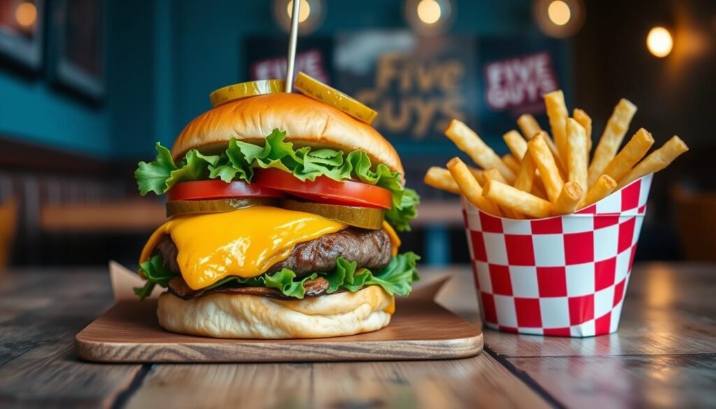 A mouthwatering Five Guys order displayed on a rustic wooden table, featuring a juicy cheeseburger piled high with fresh lettuce, tomatoes, pickles, and perfectly melted cheese. Next to it, a generous serving of golden, crispy French fries in a red and white striped paper cup. In the background, a cozy casual dining atmosphere with soft, warm lighting creating an inviting mood. The scene captures a sense of anticipation for a delicious meal, with subtle focus on the food, enhancing its appetizing textures. The camera angle is slightly above eye level, showcasing the vibrant colors of the ingredients, while leaving any human subjects out of the frame to emphasize the food. A mouthwatering Five Guys order displayed on a rustic wooden table, featuring a juicy cheeseburger piled high with fresh lettuce, tomatoes, pickles, and perfectly melted cheese. Next to it, a generous serving of golden, crispy French fries in a red and white striped paper cup. In the background, a cozy casual dining atmosphere with soft, warm lighting creating an inviting mood. The scene captures a sense of anticipation for a delicious meal, with subtle focus on the food, enhancing its appetizing textures. The camera angle is slightly above eye level, showcasing the vibrant colors of the ingredients, while leaving any human subjects out of the frame to emphasize the food.