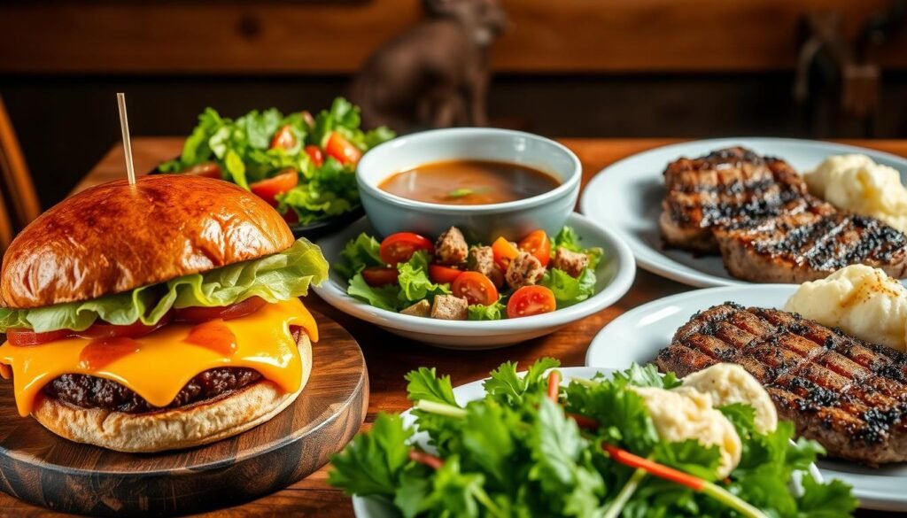 A mouthwatering array of delectable lunch dishes, artfully arranged on a rustic wooden table. In the foreground, a juicy burger with gooey melted cheese, crisp lettuce, and a toasted brioche bun. Beside it, a vibrant salad overflowing with fresh greens, ripe tomatoes, and a tantalizing vinaigrette. In the middle, a steaming bowl of savory soup, its rich broth and tender chunks of meat beckoning. Further back, a plate of perfectly seared steak tips, their caramelized edges complemented by a side of creamy mashed potatoes. The scene is illuminated by warm, natural lighting, casting a cozy, inviting atmosphere. The overall composition is balanced and visually appealing, capturing the essence of a delicious and satisfying midday meal. A mouthwatering array of delectable lunch dishes, artfully arranged on a rustic wooden table. In the foreground, a juicy burger with gooey melted cheese, crisp lettuce, and a toasted brioche bun. Beside it, a vibrant salad overflowing with fresh greens, ripe tomatoes, and a tantalizing vinaigrette. In the middle, a steaming bowl of savory soup, its rich broth and tender chunks of meat beckoning. Further back, a plate of perfectly seared steak tips, their caramelized edges complemented by a side of creamy mashed potatoes. The scene is illuminated by warm, natural lighting, casting a cozy, inviting atmosphere. The overall composition is balanced and visually appealing, capturing the essence of a delicious and satisfying midday meal.