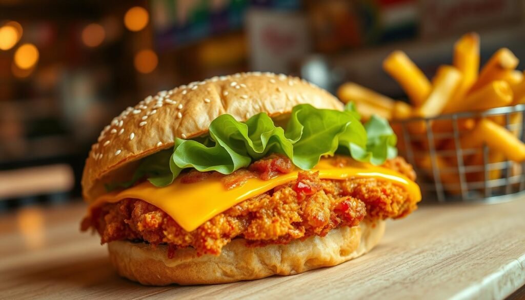 A mouthwatering chicken sandwich featuring a crispy, golden-brown fried chicken breast, topped with a layer of melted cheddar cheese and fresh, vibrant lettuce. The sandwich is nestled between two toasted, sesame seed-coated brioche buns, with a generous spread of spicy mayonnaise peeking out. In the foreground, a tantalizing close-up captures the sandwich, showcasing the textures and ingredients in vivid detail. In the middle ground, a side of crispy golden fries is presented in a rustic basket, adding to the appetizing appeal. The background features a soft-focus diner setting, warm lighting creates a cozy atmosphere, evoking a sense of indulgence. The angle is slightly tilted from above, emphasizing the sandwich's layers while inviting the viewer to take a bite.