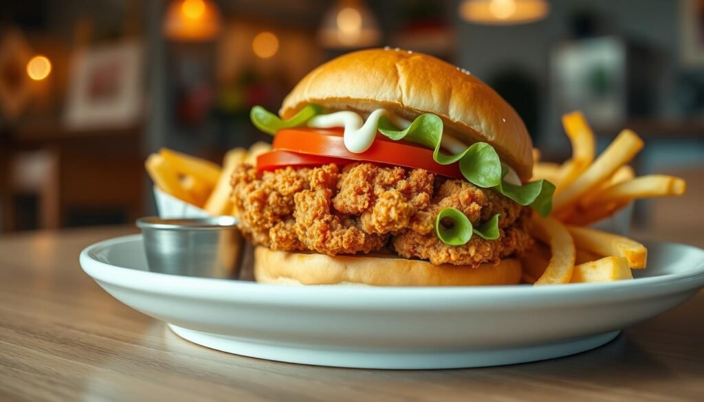 A mouthwatering close-up of a crispy chicken sandwich on a white plate, beautifully presented. The sandwich features a golden-brown, crunchy chicken fillet topped with crisp lettuce, fresh tomato slices, and a drizzle of creamy mayonnaise, all nestled between two soft, lightly toasted burger buns. Surround the plate with a side of golden, fluffy fries and a small dipping cup of tangy sauce. In the background, softly blurred, include a hint of a cozy fast-food restaurant setting with warm lighting and subtle decor, creating an inviting atmosphere. Use a shallow depth of field to focus on the sandwich, capturing the texture of the chicken and the freshness of the ingredients. The overall mood is delicious and appealing, perfect for a lunch craving.