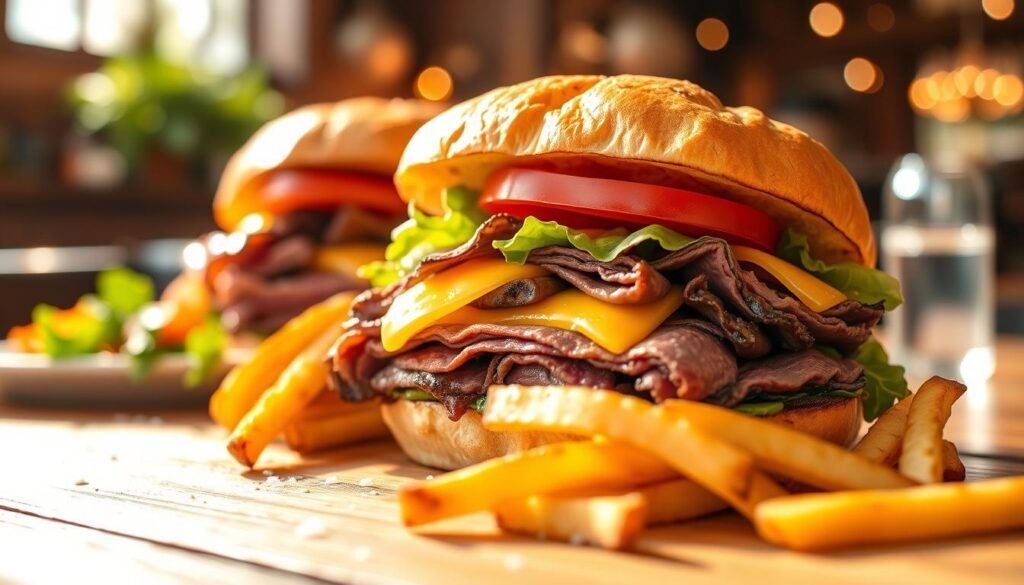 A mouthwatering roast beef sandwich, showcasing juicy, tender slices of beef piled high on an artisan bun, lightly toasted to perfection. The sandwich is oozing with melted cheddar cheese and topped with fresh, crisp lettuce and ripe tomato slices. In the foreground, a luscious side of golden, crispy fries glistens with a sprinkle of sea salt. The middle ground features a rustic wooden table setting, accentuated by elegant presentation and warm sunlight streaming in, casting a soft glow over the scene. The background includes hints of an inviting restaurant atmosphere with blurred, warm colors and soft bokeh, suggesting a cozy dining experience. The mood is cheerful and inviting, perfect for highlighting a fantastic limited-time deal. A mouthwatering roast beef sandwich, showcasing juicy, tender slices of beef piled high on an artisan bun, lightly toasted to perfection. The sandwich is oozing with melted cheddar cheese and topped with fresh, crisp lettuce and ripe tomato slices. In the foreground, a luscious side of golden, crispy fries glistens with a sprinkle of sea salt. The middle ground features a rustic wooden table setting, accentuated by elegant presentation and warm sunlight streaming in, casting a soft glow over the scene. The background includes hints of an inviting restaurant atmosphere with blurred, warm colors and soft bokeh, suggesting a cozy dining experience. The mood is cheerful and inviting, perfect for highlighting a fantastic limited-time deal.