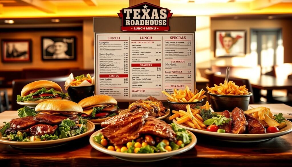 A neatly arranged Texas Roadhouse lunch menu, elegantly displayed on a rustic wooden table. The foreground features a variety of delicious food items typical of a lunch menu, such as juicy steak sandwiches, crisp salads, and hearty sides, artfully plated and garnished. In the middle, a beautifully designed menu board showcases the options and prices in an organized layout, with a clear focus on lunch deals and specials. The background hints at a warm and inviting restaurant interior, with warm lighting casting soft shadows, creating a cozy atmosphere. Photographed from a slightly elevated angle using a soft focus lens, the image evokes a sense of comfort and excitement for dining, without any text or overlays.
