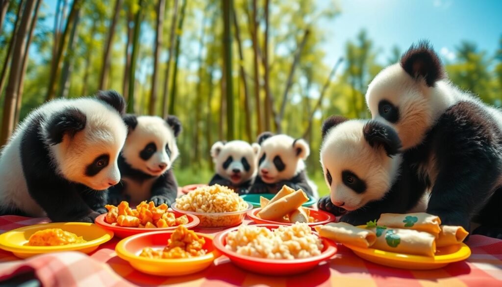 A playful scene featuring a variety of adorable panda cubs, interacting around a colorful picnic spread. In the foreground, two panda cubs are curiously inspecting a vibrant selection of kid-friendly dishes resembling a Panda Express kids menu, including orange chicken bites, fried rice, and vegetable spring rolls, all presented on bright, cheerful plates. In the middle, more panda cubs are playfully reaching for food, showcasing their cuteness and charm. The background offers a soft-focus view of a lush, green bamboo forest under a clear blue sky, enhancing the joyful mood. The scene is bathed in warm, natural sunlight that highlights the pandas’ fluffy fur. This idyllic setting is captured with a slight upward angle to create an engaging perspective, inviting viewers into this delightful moment.