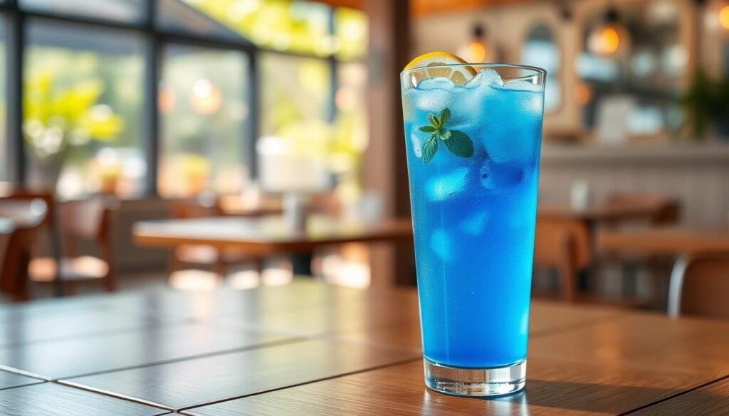 A refreshing blue raspberry lemonade in a tall, frosted glass filled with ice, garnished with a slice of lemon and a sprig of mint, sits prominently in the foreground. The lemonade sparkles with a vibrant blue hue, highlighting the fruity, tangy essence of blue raspberry. In the middle ground, a wooden table enhances the casual, inviting atmosphere, with sun-dappled light reflecting off the glass. The background features a soft-focus café setting with hints of greenery and sunlight filtering through, creating a warm, summery feel. Use bright, natural lighting to emphasize the drink's refreshing qualities, and frame the shot from a slightly elevated angle to capture the details of the lemonade beautifully. The overall mood should be cheerful and refreshing, perfect for a summer day. A refreshing blue raspberry lemonade in a tall, frosted glass filled with ice, garnished with a slice of lemon and a sprig of mint, sits prominently in the foreground. The lemonade sparkles with a vibrant blue hue, highlighting the fruity, tangy essence of blue raspberry. In the middle ground, a wooden table enhances the casual, inviting atmosphere, with sun-dappled light reflecting off the glass. The background features a soft-focus café setting with hints of greenery and sunlight filtering through, creating a warm, summery feel. Use bright, natural lighting to emphasize the drink's refreshing qualities, and frame the shot from a slightly elevated angle to capture the details of the lemonade beautifully. The overall mood should be cheerful and refreshing, perfect for a summer day.