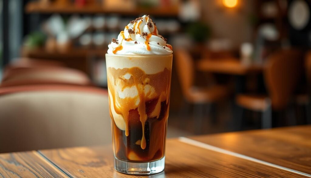 A rich, creamy caramel frosty cold brew sits elegantly in a tall glass, filled to the brim with swirling layers of dark coffee and luscious caramel cream. The drink is topped with a generous dollop of whipped cream drizzled with caramel sauce, and a sprinkle of cocoa powder for decoration. In the foreground, frosted droplets adorn the glass, hinting at the drink's chill. The middle ground softly blurs out a rustic wooden table, accentuating the focus on the beverage while complementing the warm, inviting tones of caramel. In the background, a subtle coffee shop ambiance features hints of cozy seating and a warm hue of ambient light. The overall atmosphere is inviting and refreshing, perfect for a coffee break.