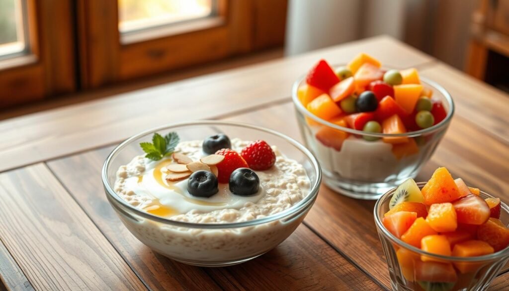 A rustic wooden table serves as the backdrop for a wholesome breakfast scene featuring a beautifully styled bowl of creamy oatmeal topped with fresh berries and a drizzle of honey. Beside it, a generous serving of thick Greek yogurt sits in a clear glass dish, garnished with sliced almonds and a sprig of mint. In the background, soft morning light filters through a nearby window, casting a warm golden glow across the table. A colorful fruit cup filled with vibrant diced fruits—kiwi, oranges, and strawberries—completes the arrangement, evoking a sense of freshness and health. The atmosphere is inviting and serene, perfect for a lighter breakfast. The composition should be captured from a slightly elevated angle, showcasing the textures and colors of the food.
