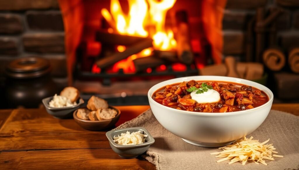 A rustic wooden table set against a cozy fireside background, warmly illuminated by flickering flames. In the foreground, a large, vibrant bowl of hearty fireside chili showcases tender chunks of beans and meat, topped with fresh cilantro and a dollop of sour cream. The chili's rich, red hue contrasts with the white bowl, creating an inviting focal point. Surrounding the bowl, small side dishes of crusty bread and shredded cheese add texture. In the middle ground, a roaring fireplace with glowing embers and logs enhances the warmth of the scene. Gentle shadows dance across the table, casting a comforting atmosphere. Capture the scene from a slightly elevated angle, emphasizing the bowl and the textures around it, evoking feelings of home and warmth.