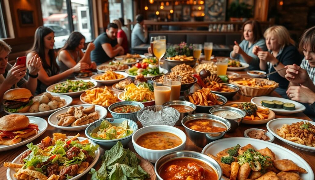 A sprawling table overflows with a diverse array of popular lunch options for a lively group gathering. In the foreground, a vibrant array of shared plates and platters - succulent burgers, crisp salads, hearty entrees, and indulgent sides. The middle ground features steaming bowls of flavorful soups and baskets of hand-crafted sandwiches, surrounded by a clinking chorus of ice-filled glasses. In the background, a warm, inviting atmosphere evokes the convivial energy of a bustling eatery, with soft natural lighting and a hint of lively conversation. An image that captures the essence of a memorable midday feast shared among family and friends. A sprawling table overflows with a diverse array of popular lunch options for a lively group gathering. In the foreground, a vibrant array of shared plates and platters - succulent burgers, crisp salads, hearty entrees, and indulgent sides. The middle ground features steaming bowls of flavorful soups and baskets of hand-crafted sandwiches, surrounded by a clinking chorus of ice-filled glasses. In the background, a warm, inviting atmosphere evokes the convivial energy of a bustling eatery, with soft natural lighting and a hint of lively conversation. An image that captures the essence of a memorable midday feast shared among family and friends.